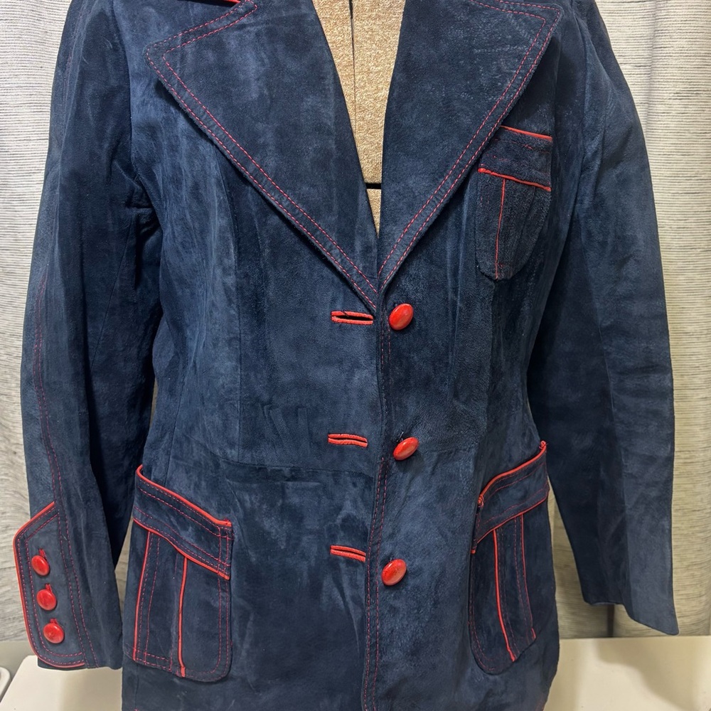 Vintage Suede Leather Women's Navy Blue Jacket with Red Accents